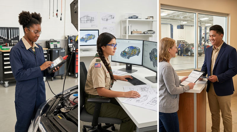 A collage showing different automotive career paths: a technician using a diagnostic scanner on a car, an engineer reviewing vehicle designs on a computer screen, and a service advisor talking with a customer at a dealership service desk