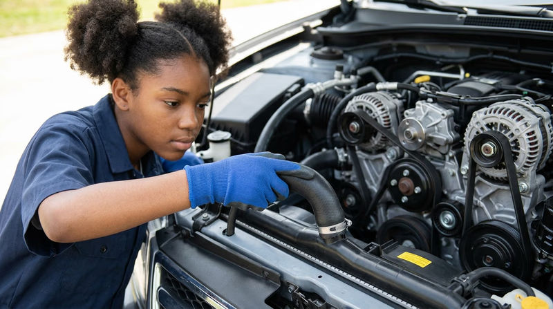 A gloved hand squeezing a radiator hose to check its condition, with the serpentine belt and pulleys visible in the background of the engine bay