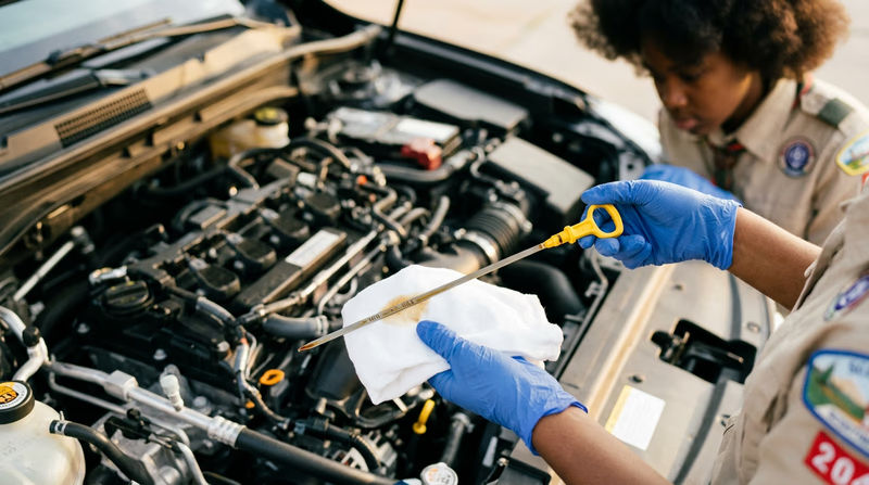 Close-up of a Scout's gloved hands pulling out an engine oil dipstick to check the level, with the oil visible between the min and max marks
