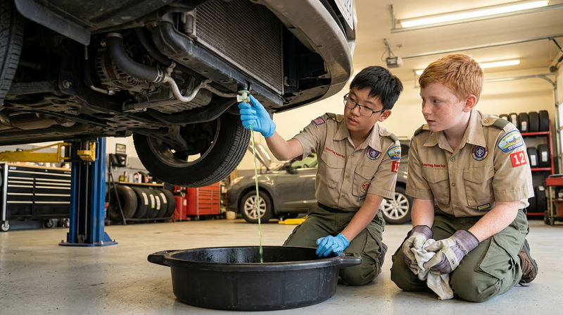 A drain pan catching old greenish coolant from a radiator petcock, with a gloved hand operating the valve and the underside of the vehicle visible above