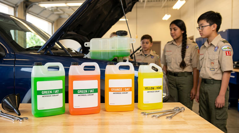 Three different bottles of antifreeze/coolant (green, orange, and yellow) sitting on a workbench next to a vehicle with an open hood, showing the coolant reservoir