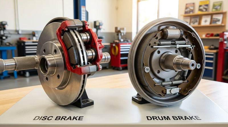 A side-by-side comparison showing a cutaway of a disc brake system (rotor, caliper, and brake pad) on the left and a drum brake system (drum, brake shoes, and wheel cylinder) on the right, with key parts labeled