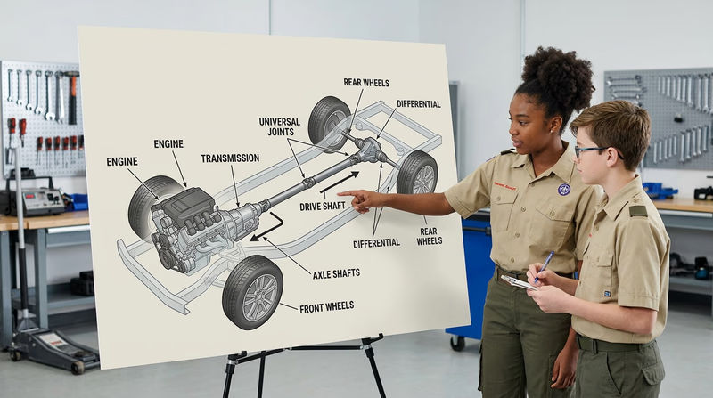 A top-down diagram of a rear-wheel-drive vehicle showing the power flow from engine through transmission, down the drive shaft, through the differential, and out the axle shafts to the rear wheels, with each component clearly labeled
