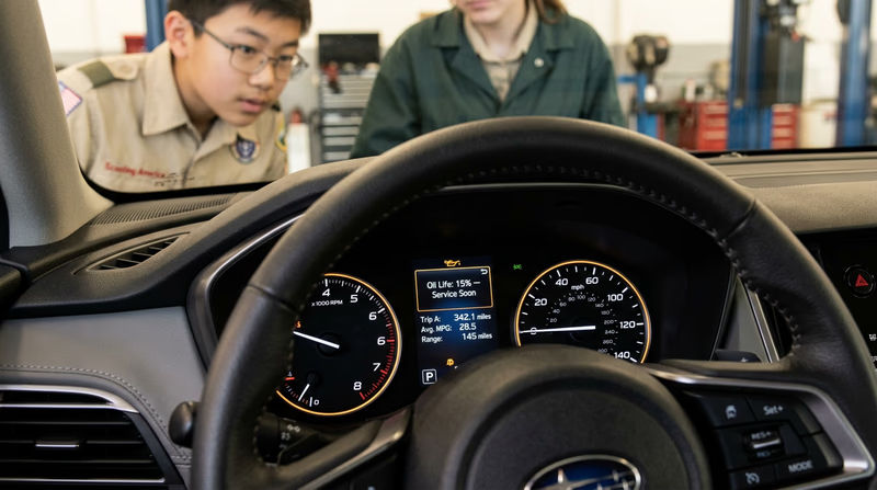 A close-up of a vehicle's driver information center screen showing a maintenance reminder message and trip computer data, with the instrument cluster gauges visible around it