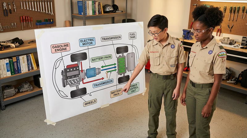 A simplified diagram of a hybrid vehicle showing the gasoline engine, electric motor, battery pack, and regenerative braking system with arrows indicating energy flow