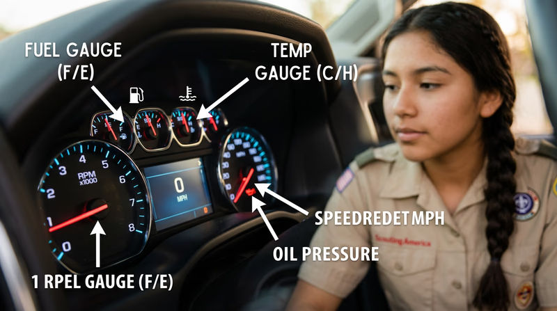 A modern vehicle instrument cluster with labeled callouts pointing to each gauge: fuel gauge, speedometer, tachometer, oil pressure, and engine temperature