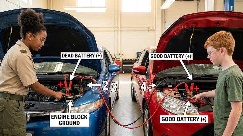 A clear diagram showing two cars facing each other with jumper cables connected in the correct order: red cable on dead battery positive, red on good battery positive, black on good battery negative, and black on dead car engine block — with numbered steps