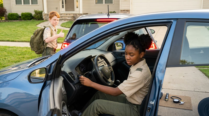 Two people checking vehicle lights: one Scout sitting in the driver's seat operating the headlight controls, another Scout standing behind the vehicle giving a thumbs up as the brake lights illuminate