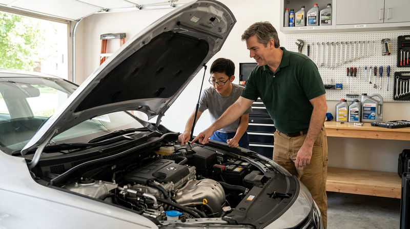 A Scout in clean work clothes looking under the open hood of a car in a well-lit garage, with an adult mentor standing nearby pointing at the engine