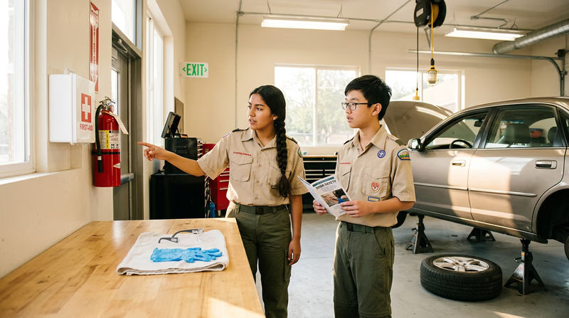 A well-organized garage workspace with safety equipment visible: fire extinguisher on wall, jack stands under a car, safety glasses and gloves on a workbench, and a clearly marked first-aid kit