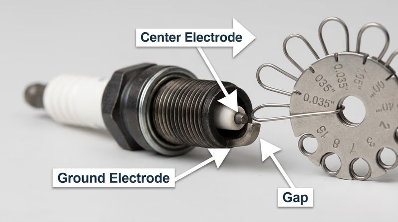 Close-up of a spark plug with labeled arrows pointing to the center electrode, ground electrode, and the gap between them, with a gap gauge tool being used to measure the distance