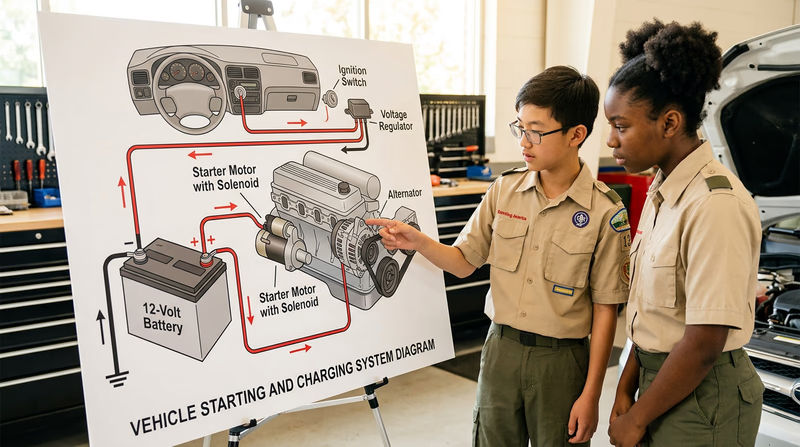 A clean, labeled diagram of a vehicle's starting and charging system showing the battery, starter motor with solenoid, alternator, ignition switch, and voltage regulator connected by color-coded wires