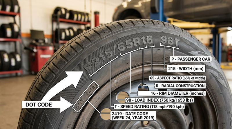 Close-up of a tire sidewall with callout arrows labeling each part of the tire size code (P215/65R16 98T) and the DOT date code