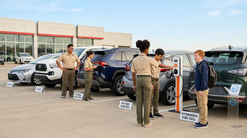 Five vehicles side by side in a dealership lot: a gasoline sedan, a diesel pickup truck, a hybrid SUV, a battery electric car at a charging station, and a hydrogen fuel cell vehicle — all clearly labeled