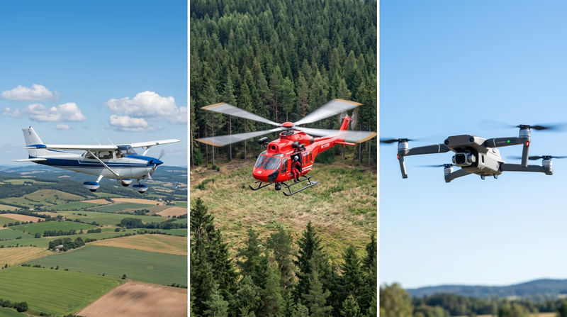 Three aircraft shown in separate panels: a single-engine Cessna in flight, a red rescue helicopter hovering, and a modern quadcopter drone with a camera