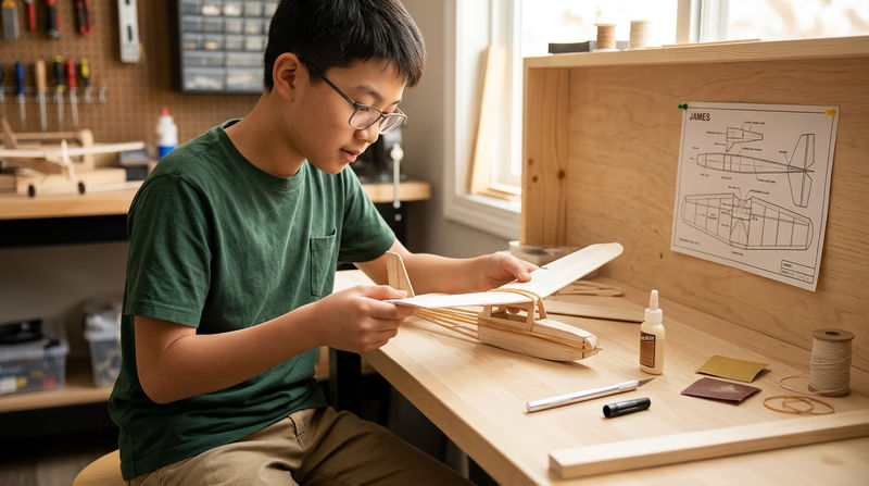 A Scout at a workbench assembling a balsa wood rubber-band airplane, with the fuselage partially built and the propeller and rubber band visible alongside building tools