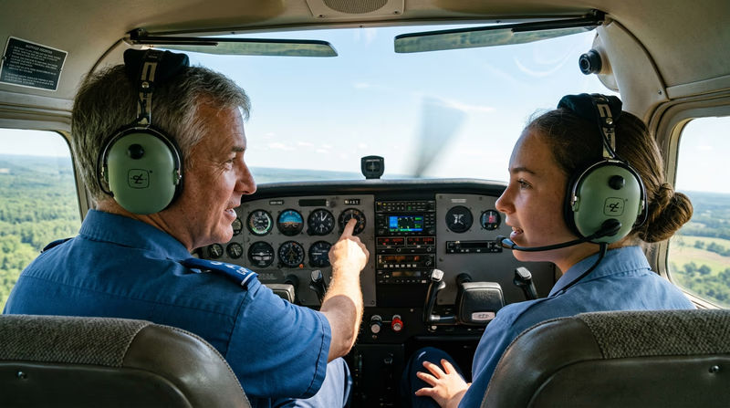 A Civil Air Patrol cadet seated in the right seat of a Cessna with a CAP senior member pilot in the left seat, both wearing CAP uniforms and headsets
