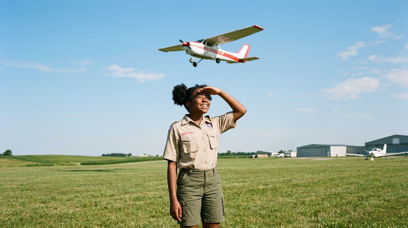 A Scout shielding their eyes and looking up at a small single-engine airplane flying overhead against a blue sky