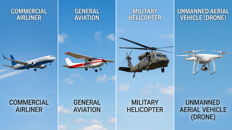 A lineup showing different types of aircraft side by side: a commercial jetliner, a small single-engine Cessna, a military helicopter, and a quadcopter drone