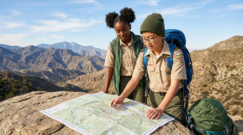 A Scout holding a compass over a topographic map spread on a rock, with mountain terrain visible in the background