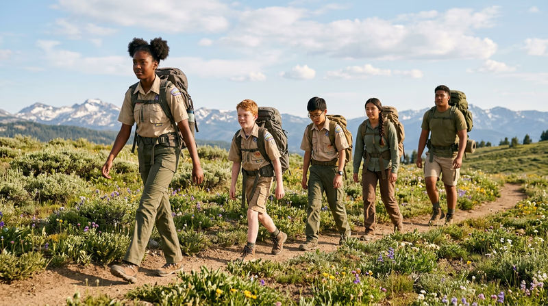 A small group of Scouts hiking single file on a mountain trail, with the leader in front and sweep in back, spaced evenly apart