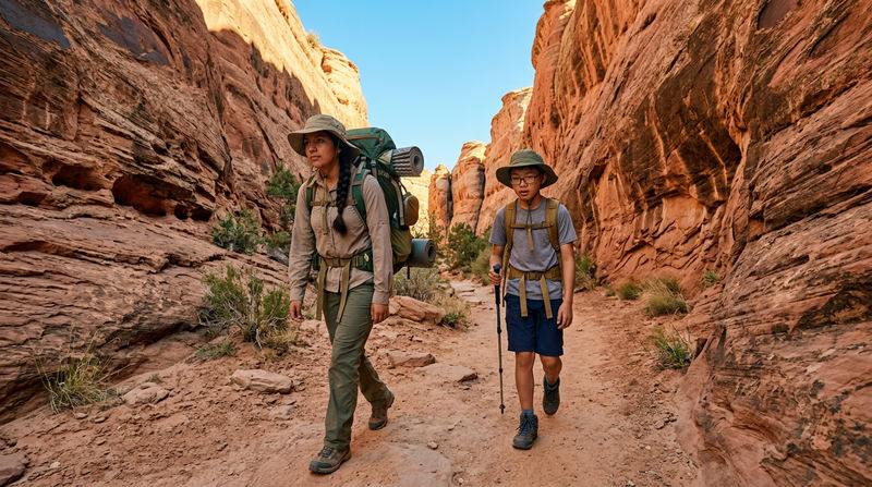 Scouts hiking through a red rock desert canyon with tall sandstone walls and blue sky above