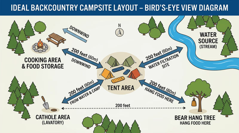A bird's-eye diagram of an ideal backcountry campsite layout showing tent area, cooking area 200 feet away, water source 200 feet away, bear hang location, and cathole area