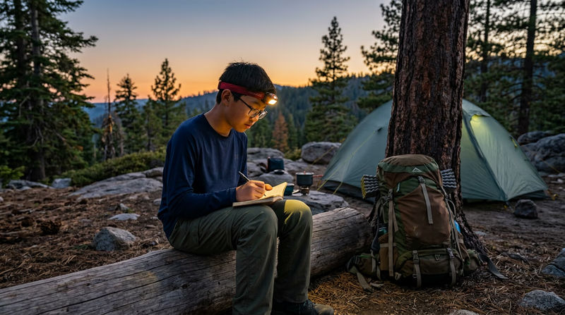 A Scout writing in a small journal by the light of a headlamp at a backcountry campsite in the evening