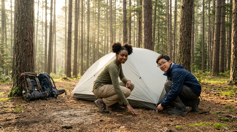 A pristine backcountry campsite with no visible impact — no litter, no fire scars, tent pitched on durable ground
