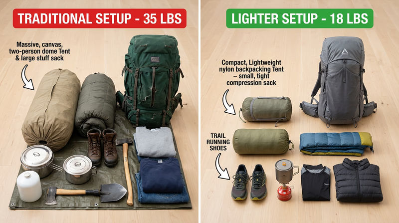 Side-by-side comparison of a heavy traditional backpack setup versus a lighter modern setup, with weight labels
