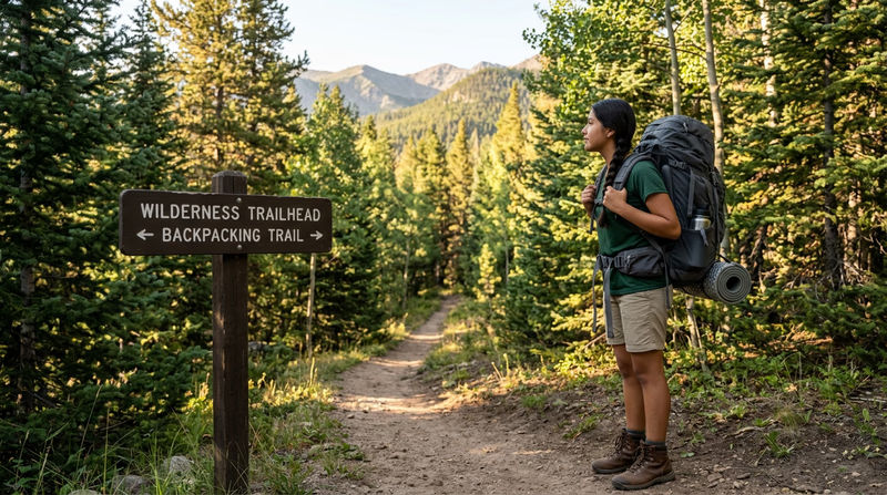 A Scout standing at a wilderness trailhead with a fully loaded backpack, looking out at a mountain trail stretching into the distance