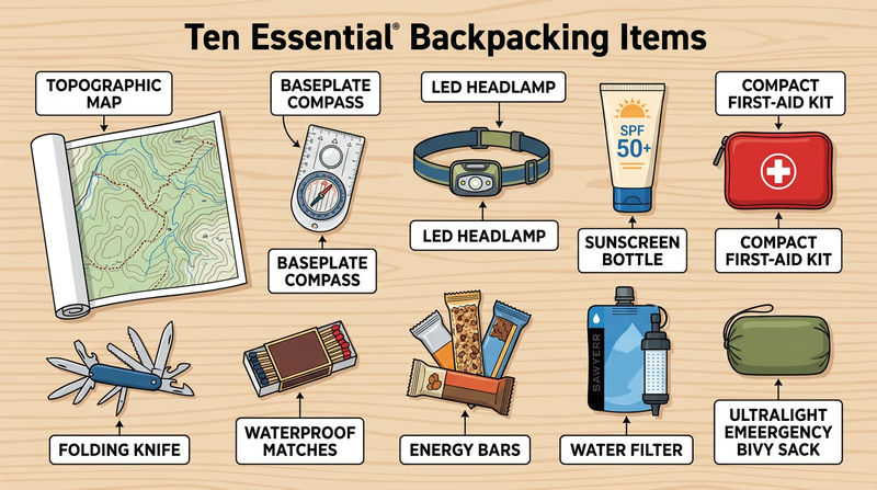A flat-lay arrangement of the ten essential backpacking items on a wooden surface: map, compass, headlamp, sunscreen, first-aid kit, knife, lighter, energy bars, water filter, and emergency shelter