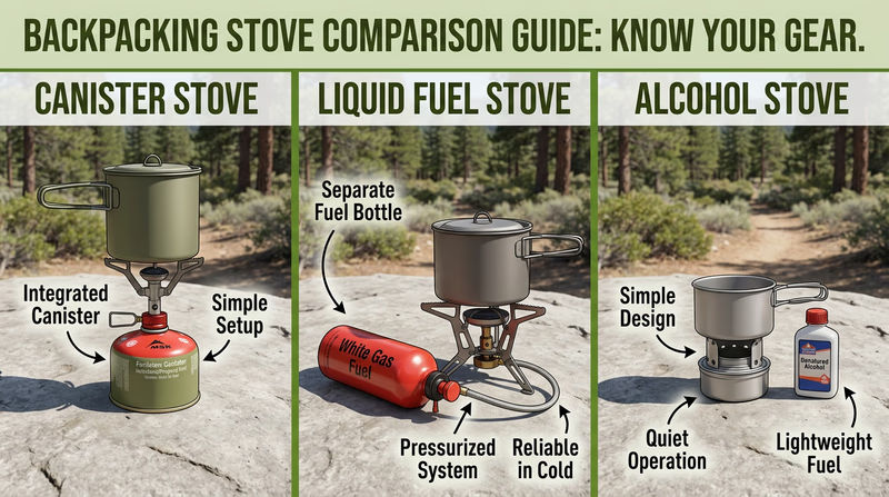 Three backpacking stoves arranged on a flat rock: a canister stove with fuel canister, a liquid fuel stove with fuel bottle, and a small alcohol stove with a fuel container