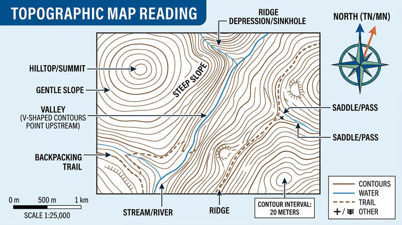A section of a topographic map with labeled callouts pointing to contour lines, a summit, a valley, a ridge, a stream, a trail, and the contour interval in the legend