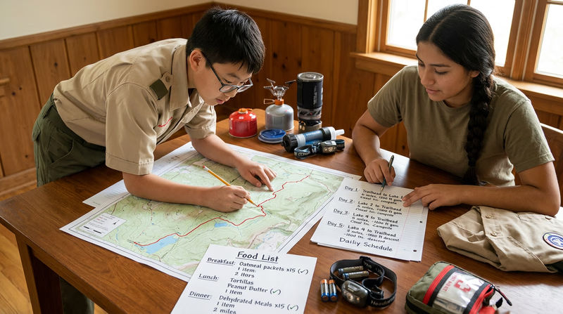 A planning workspace showing a topographic map, a handwritten schedule, a food list, and gear laid out on a table