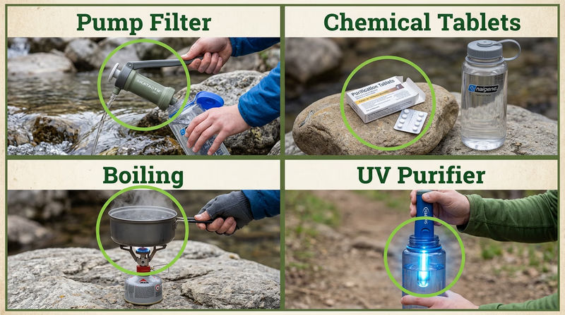 Four water treatment methods side by side: a pump filter, chemical tablets, a pot boiling on a stove, and a UV purifier in a water bottle