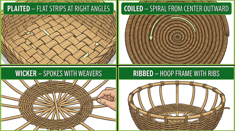 Four baskets in a 2x2 grid showing plaited, coiled, wicker, and ribbed styles, each clearly labeled
