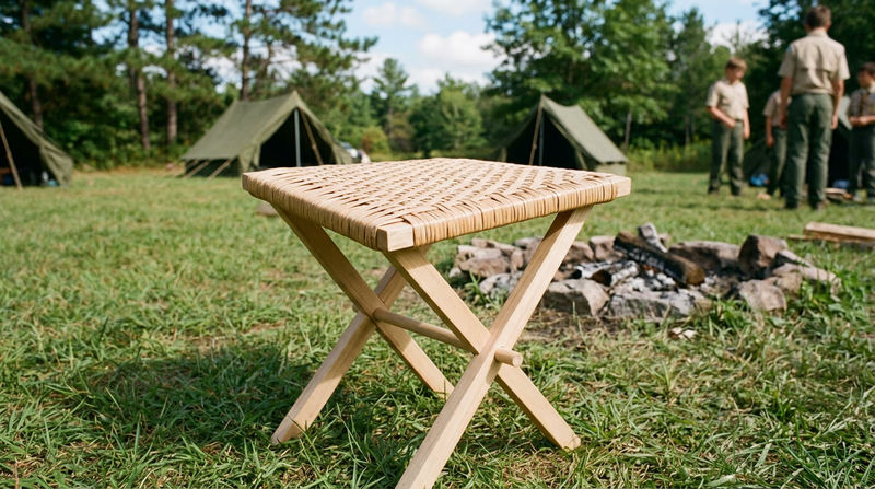 A completed campstool with a tightly woven reed seat, sitting outdoors on grass near a campfire ring, ready to be used