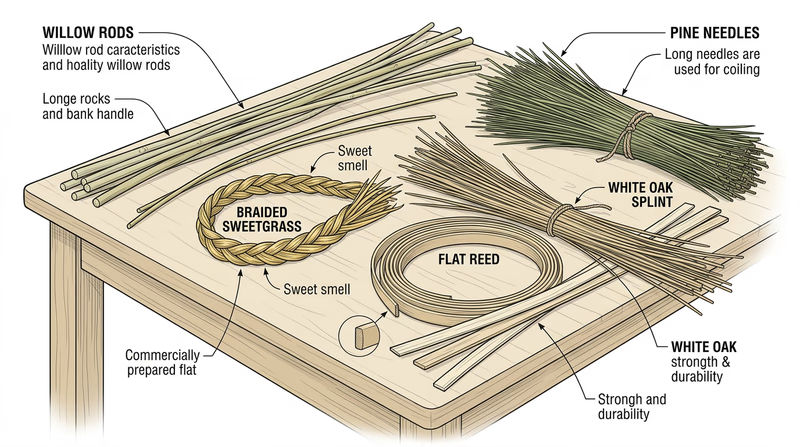 A collection of natural basketry materials arranged on a wooden table — willow rods, sweetgrass braid, pine needle bundle, and flat reed