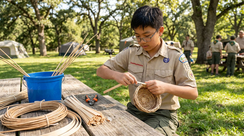 A Scout sitting at a picnic table outdoors weaving a reed basket, with supplies like a bucket of water and reed bundles nearby