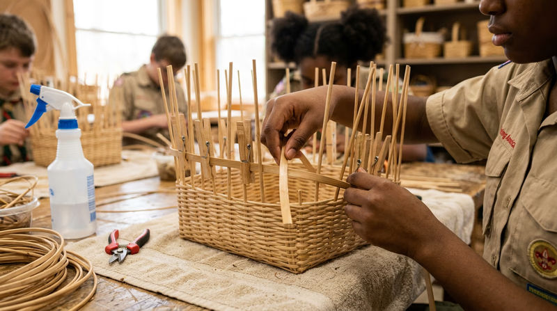 Hands weaving flat reed through upright stakes of a square basket in progress, showing the over-under pattern clearly