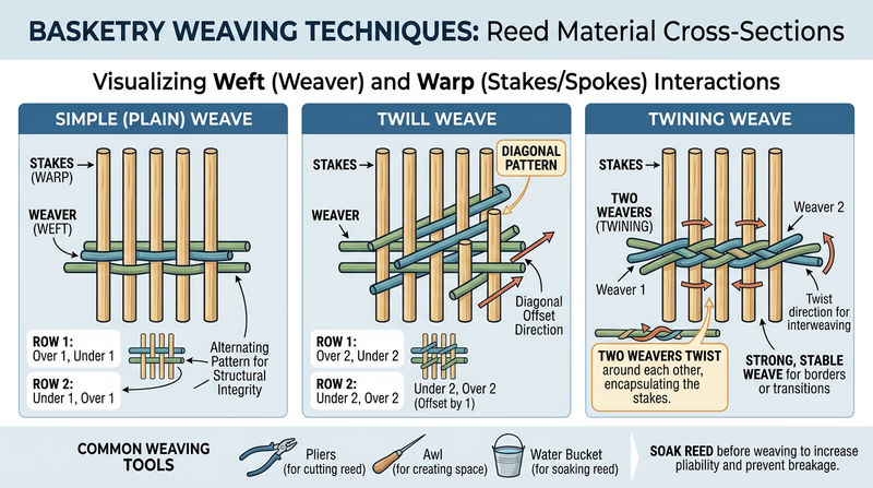 Three weave patterns shown side by side — simple (plain) weave, twill weave, and twining — each with a clear cross-section view and label