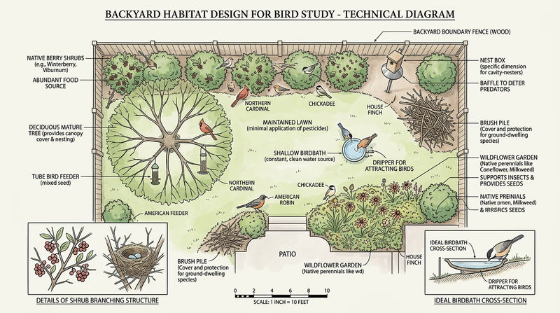 Illustrated overhead view of a backyard bird habitat with native shrubs, a birdbath, nest boxes, a brush pile, and shade trees