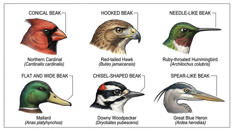 Illustrated comparison of six different beak types: conical (cardinal), hooked (hawk), needle-like (hummingbird), flat and wide (duck), chisel-shaped (woodpecker), and spear-like (heron)