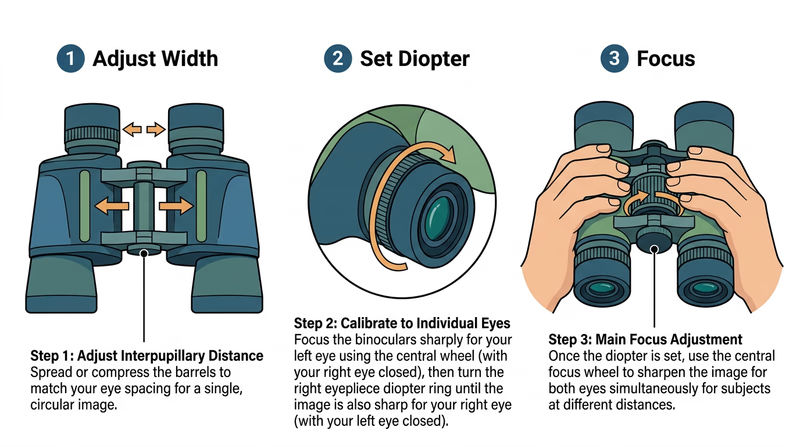 Three-panel diagram showing binocular adjustment steps: adjusting width, setting diopter, and focusing