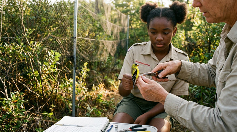 A researcher carefully holding a small songbird while attaching a numbered aluminum band to its leg at a banding station, with mist nets visible in the background