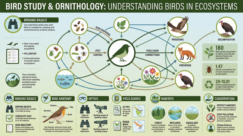Infographic showing birds at the center of an ecosystem web with arrows connecting them to seeds, insects, plants, predators, and scavengers