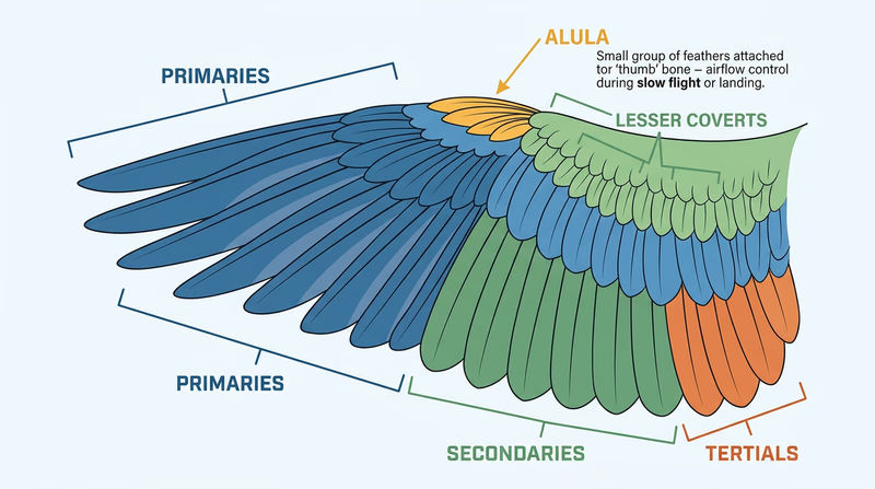 Detailed diagram of a bird wing fully extended showing all six feather types labeled: primaries, secondaries, tertials, greater coverts, lesser coverts, and alula