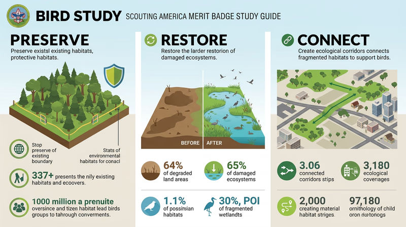 Infographic showing three habitat protection strategies: preserving natural areas, restoring degraded land, and connecting habitat corridors