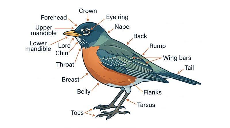 Detailed side-view diagram of a perched songbird with all major external parts labeled: crown, forehead, nape, eye ring, lore, chin, throat, upper mandible, lower mandible, breast, belly, flanks, back, rump, wing bars, tail, tarsus, toes